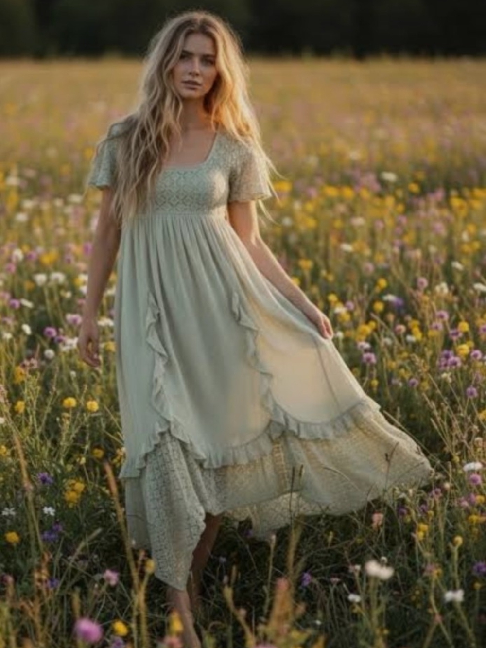 Free People Free-est Cascading ruffle flutter sleeve  Lace Bodice Midi Dress S